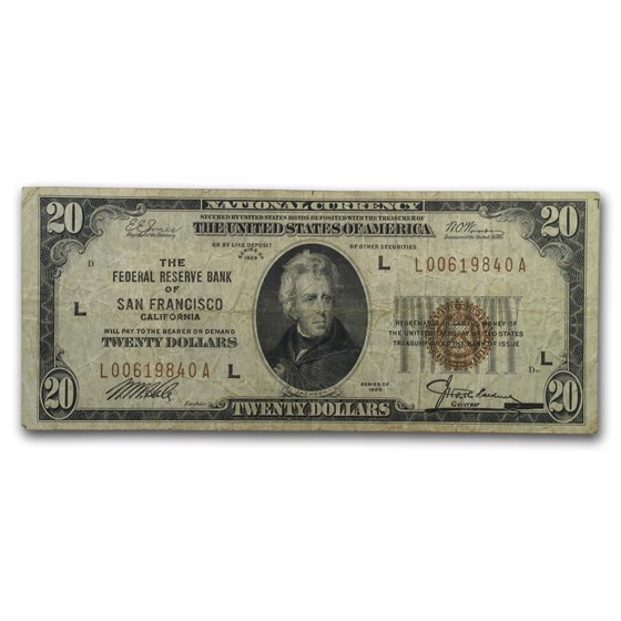 1929 (L-San Francisco) $20 Brown Seal FRBN VF (Fr#1870-L) 1929 (L-San Francisco) $20 Brown Seal FRBN VF (Fr#1870-L)