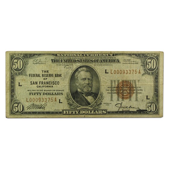 1929 (L-San Francisco) $50 Brown Seal FRBN VF Details 1929 (L-San Francisco) $50 Brown Seal FRBN VF Details