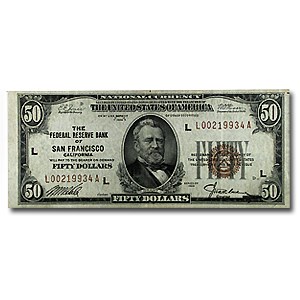 1929 (L-San Francisco) $50 Brown Seal FRBN XF Details 1929 (L-San Francisco) $50 Brown Seal FRBN XF Details