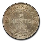 1929 Newfoundland Silver 5 Cents George V AU-58 PCGS