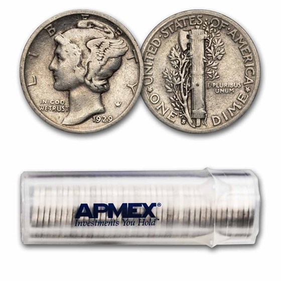 1929-S Mercury Dime 50-Coin Roll Avg Circ