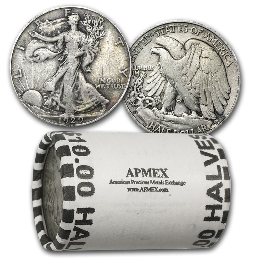 1929-S Walking Liberty Halves 20-Coin Roll Avg Circ