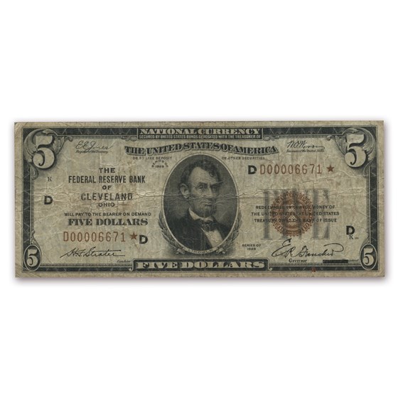 1929* STAR (D-Cleveland) $5.00 Brown Seal FRBN VG 1929* STAR (D-Cleveland) $5.00 Brown Seal FRBN VG