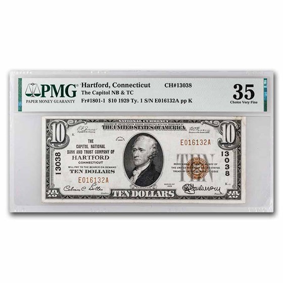 1929 Type 1 $10.00 Hartford, CT VF-35 PMG (Fr#1801-1) CH#13038 1929 Type 1 $10.00 Hartford, CT VF-35 PMG (Fr#1801-1) CH#13038