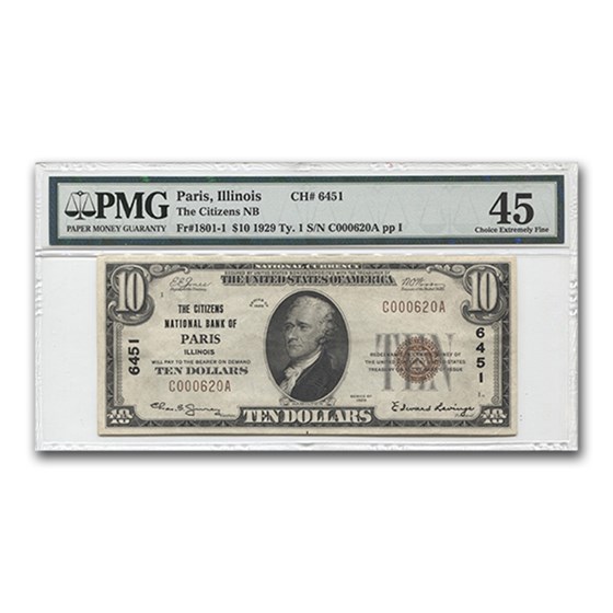 1929 Type 1 $10 Citizens NB of Paris, IL Ch XF-45 PMG (CH# 6451) 1929 Type 1 $10 Citizens NB of Paris, IL Ch XF-45 PMG (CH# 6451)