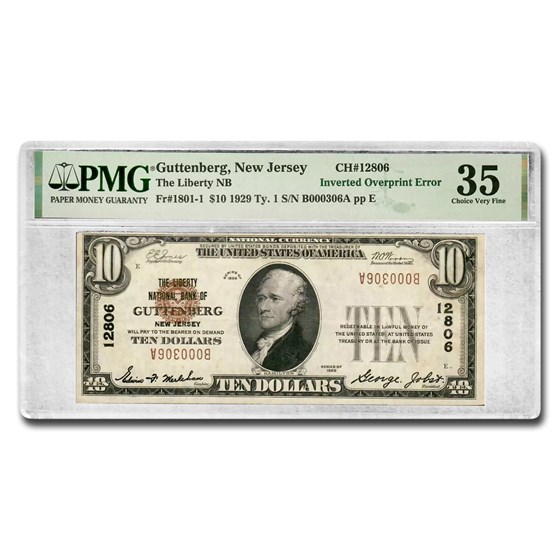 1929 Type 1 $10 Guttenberg, NJ VF-35 PMG (Fr#1801-1) Error Note 1929 Type 1 $10 Guttenberg, NJ VF-35 PMG (Fr#1801-1) Error Note