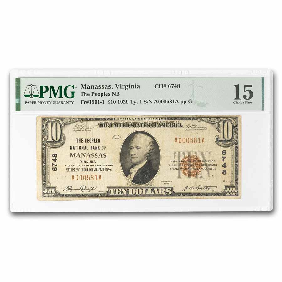 1929 Type 1 $10 Manassas, Virginia F-15 PMG (Fr#1801-1) CH#6748