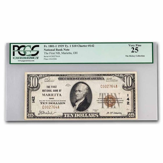 1929 Type 1 $10 Marietta, Ohio VF-25 PCGS (Fr#1801-1) CH#142 1929 Type 1 $10 Marietta, Ohio VF-25 PCGS (Fr#1801-1) CH#142