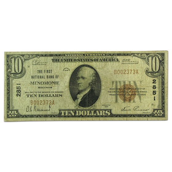 1929 Type 1 $10 Menomonee, WI Fine (CH#2851) 1929 Type 1 $10 Menomonee, WI Fine (CH#2851)