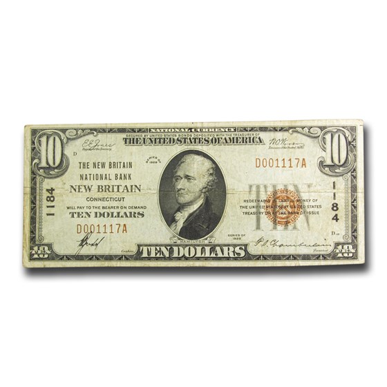 1929 Type 1 $10 New Britain, CT VF (Fr#1800-2) CH#1184 1929 Type 1 $10 New Britain, CT VF (Fr#1800-2) CH#1184