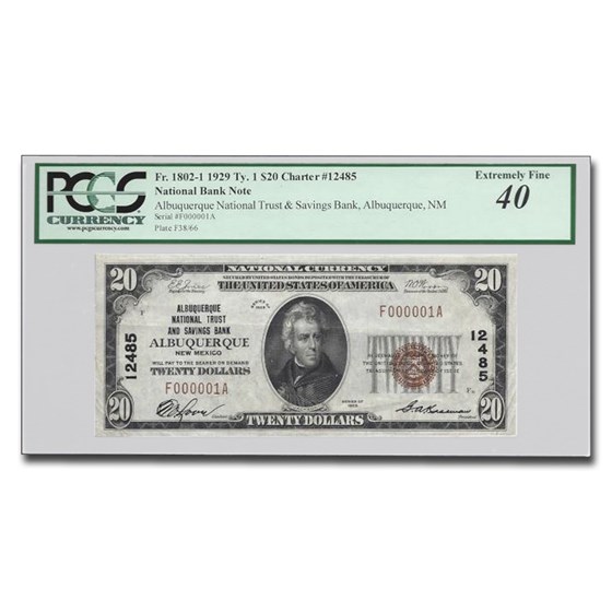 1929 Type 1 $20 Albuquerque, NM XF-40 PCGS (Fr#1802-1) CH#12485 1929 Type 1 $20 Albuquerque, NM XF-40 PCGS (Fr#1802-1) CH#12485