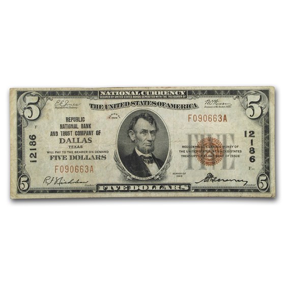 1929 Type 1 $5.00 Dallas, TX Fine (CH#12186) 1929 Type 1 $5.00 Dallas, TX Fine (CH#12186)