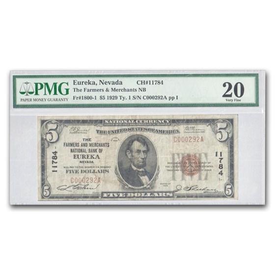 1929 Type 1 $5.00 Eureka, Nevada VF-20 (Fr#1800-1) CH#11784 1929 Type 1 $5.00 Eureka, Nevada VF-20 (Fr#1800-1) CH#11784