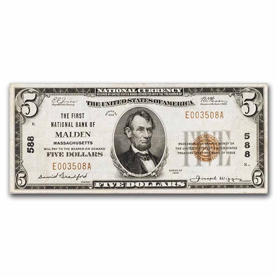 1929 Type 1 $5.00 FNB Malden, MA VF+ (Fr#1800-1) CH# 588