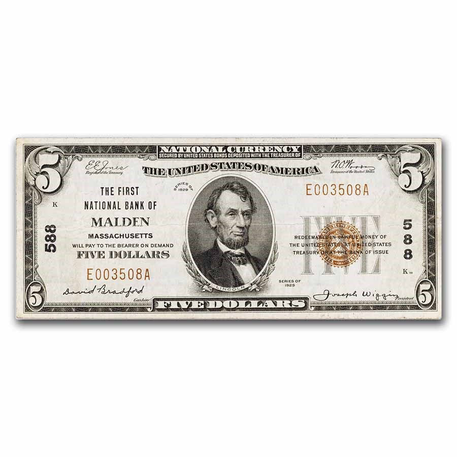 1929 Type 1 $5.00 FNB Malden, MA VF+ (Fr#1800-1) CH# 588