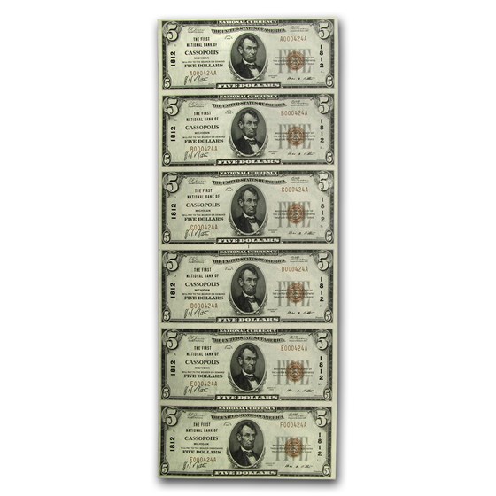 1929 Type 1 $5.00 FNB of Cassopolis, MI (Fr#TBD) CH#1812, 6 Uncut 1929 Type 1 $5.00 FNB of Cassopolis, MI (Fr#TBD) CH#1812, 6 Uncut
