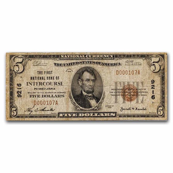 1929 Type 1 $5.00 Intercourse, Pa Fine (Fr#1800-1) CH#9216 1929 Type 1 $5.00 Intercourse, Pa Fine (Fr#1800-1) CH#9216
