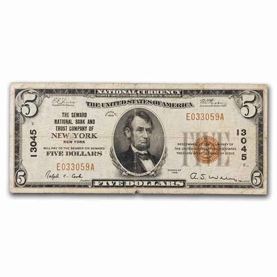1929 Type 1 $5.00 New York, New York Fine (Fr#1800-1) CH#13045