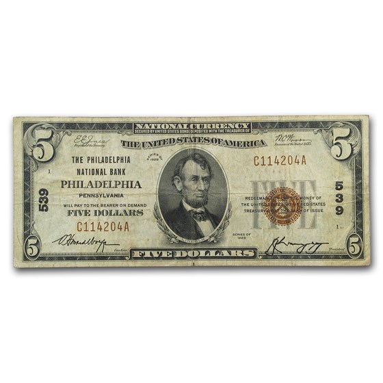 1929 Type 1 $5.00 Philadelphia, PA Very Fine (CH#539) 1929 Type 1 $5.00 Philadelphia, PA Very Fine (CH#539)