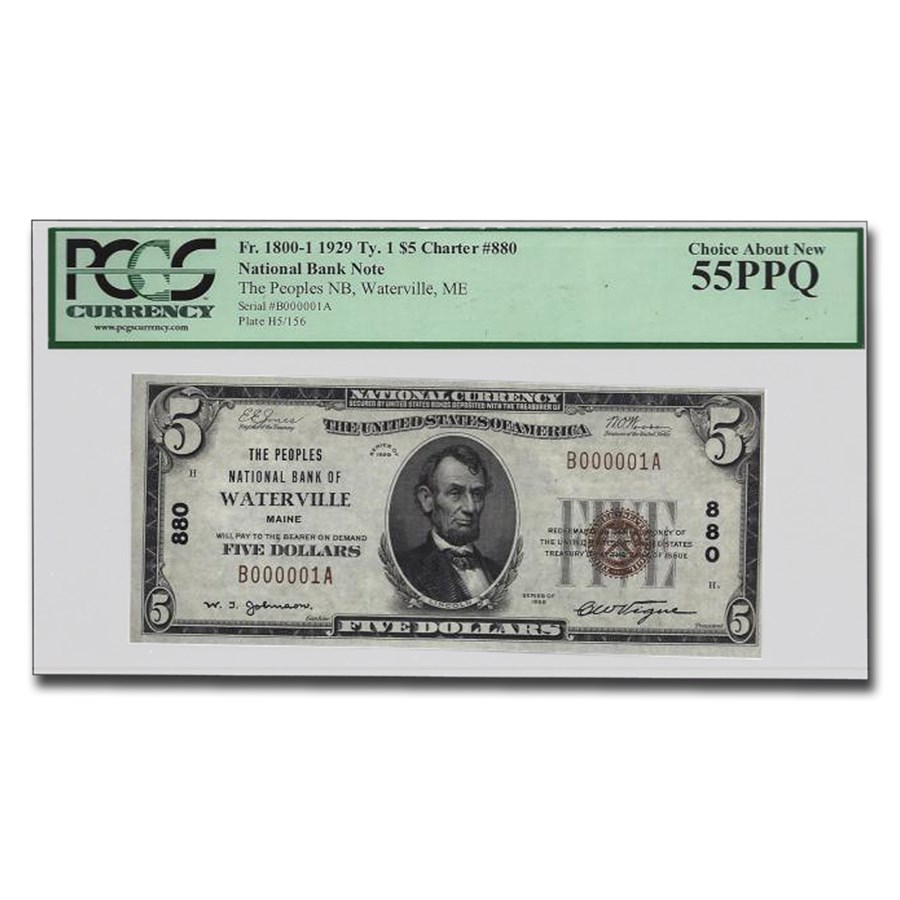 1929 Type 1 $5.00 Waterville, ME AU-55 PCGS (Fr#1800-1) CH#880