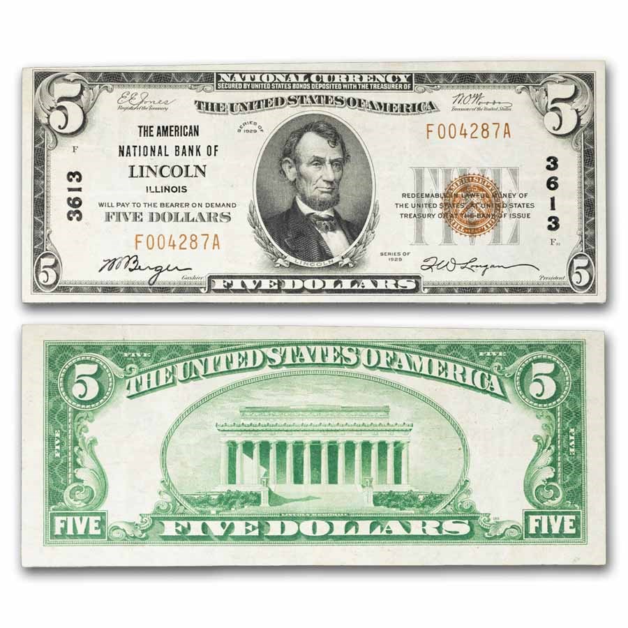 1929 Type 1 $5 American NB of Lincoln, IL VF CH#3613