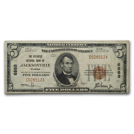 1929 Type 1 $5 Jacksonville, FL Fine (CH#6888) 1929 Type 1 $5 Jacksonville, FL Fine (CH#6888)