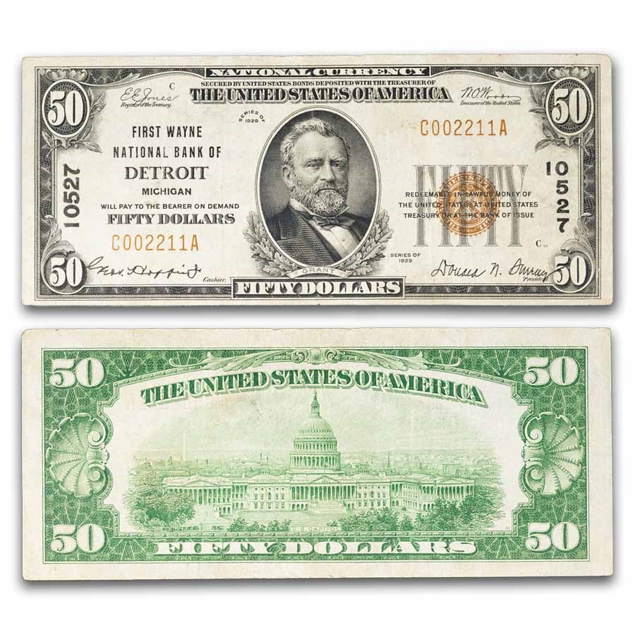 1929 Type 1 $50 First Wayne NB of Detroit, MI VF CH#10527