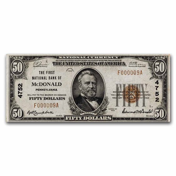 1929 Type 1 $50 McDonald, PA XF (Fr#1803-1) CH#4752 - Serial# 9 1929 Type 1 $50 McDonald, PA XF (Fr#1803-1) CH#4752 - Serial# 9