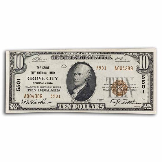 1929 Type 2 $10 Grove City, Pennsylvania AU (Fr#1801-2) CH#5501