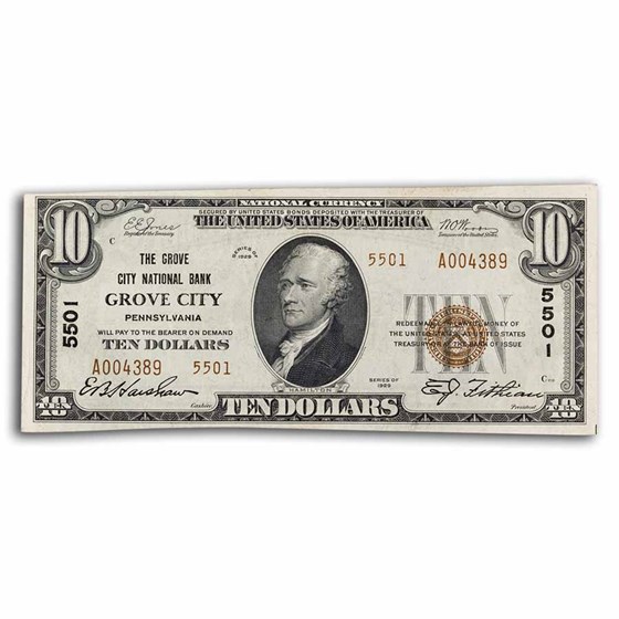 1929 Type 2 $10 Grove City, Pennsylvania AU (Fr#1801-2) CH#5501 1929 Type 2 $10 Grove City, Pennsylvania AU (Fr#1801-2) CH#5501