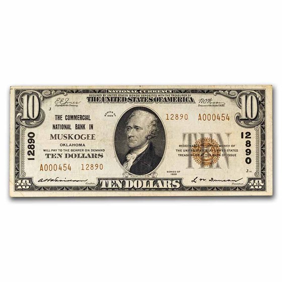 1929 Type 2 $10 Muskogee, Oklahoma VF (Fr#1801-2) CH#12890 1929 Type 2 $10 Muskogee, Oklahoma VF (Fr#1801-2) CH#12890