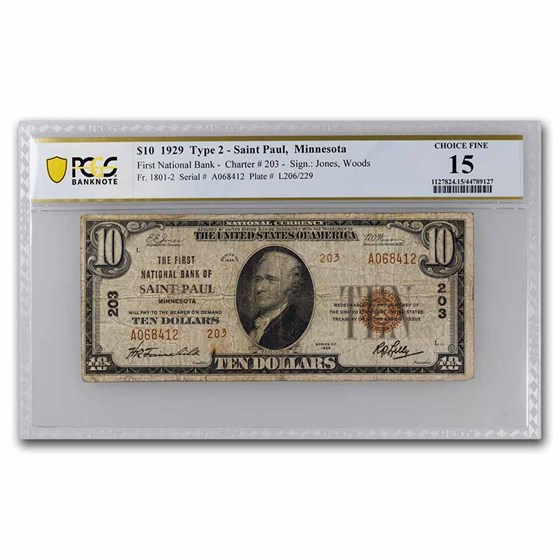 1929 Type 2 $10 St. Paul, MN F-15 PCGS (Fr#1801-2) CH#203