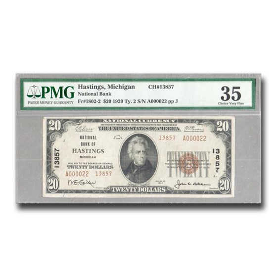 1929 Type 2 $20 Hastings, MI VF-35 PMG (Fr#1802-2) CH#13857 1929 Type 2 $20 Hastings, MI VF-35 PMG (Fr#1802-2) CH#13857