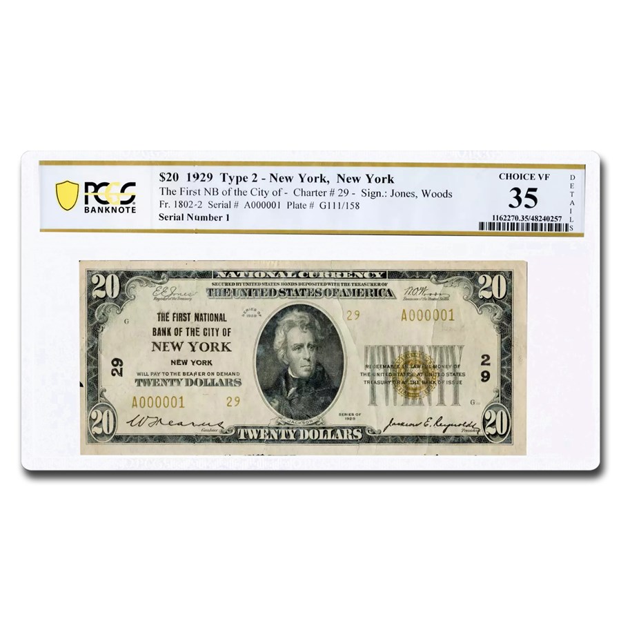 1929 Type 2 $20 New York, NY VF-35 Details PCGS (Fr#1802-2) CH#29
