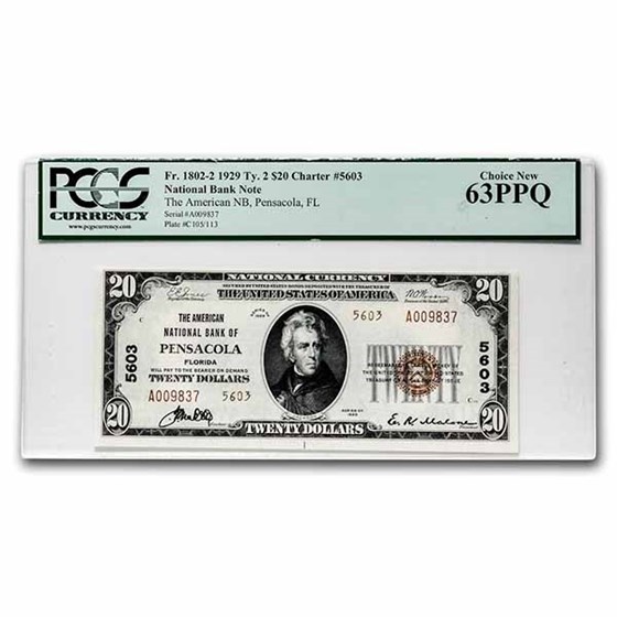 1929 Type 2 $20 Pensacola, FL CH CU-63 PPQ PCGS(Fr#1802-2)CH#1301 1929 Type 2 $20 Pensacola, FL CH CU-63 PPQ PCGS(Fr#1802-2)CH#1301