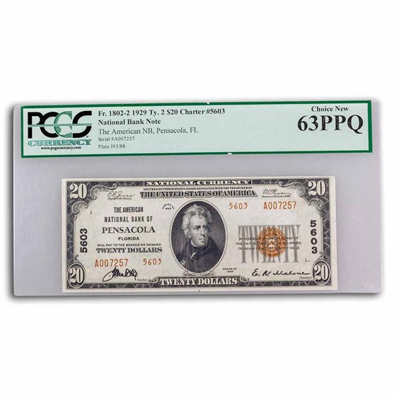 1929 Type 2 $20 Pensacola, FL CH CU-63 PPQ PCGS(Fr#1802-2)CH#5603 1929 Type 2 $20 Pensacola, FL CH CU-63 PPQ PCGS(Fr#1802-2)CH#5603