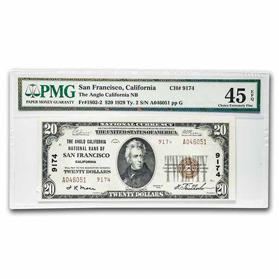 1929 Type 2 $20 San Francisco, CA XF-45 EPQ PMG(Fr#1802-2)CH#9174 1929 Type 2 $20 San Francisco, CA XF-45 EPQ PMG(Fr#1802-2)CH#9174