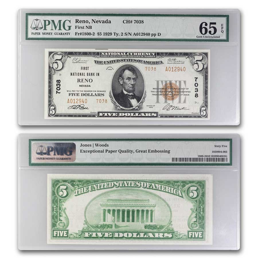 1929 Type 2 $5.00 Reno, Nevada CU-65 EPQ PMG (Fr#1800-2) CH#7038