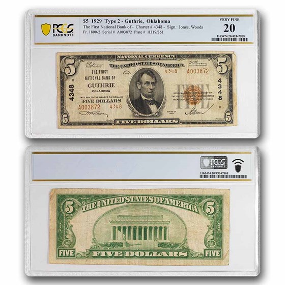1929 Type 2 $5 Guthrie, OK VF-20 PCGS (Fr#1800-2) CH#4348