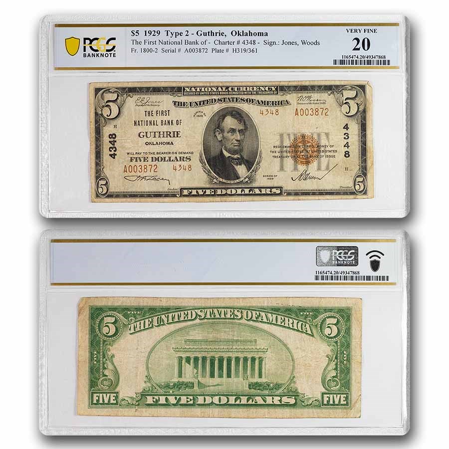 1929 Type 2 $5 Guthrie, OK VF-20 PCGS (Fr#1800-2) CH#4348