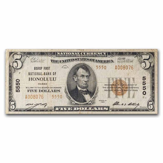 1929 Type 2 $5 Honolulu, HI Fine+ (Fr#1800-2) CH#5550