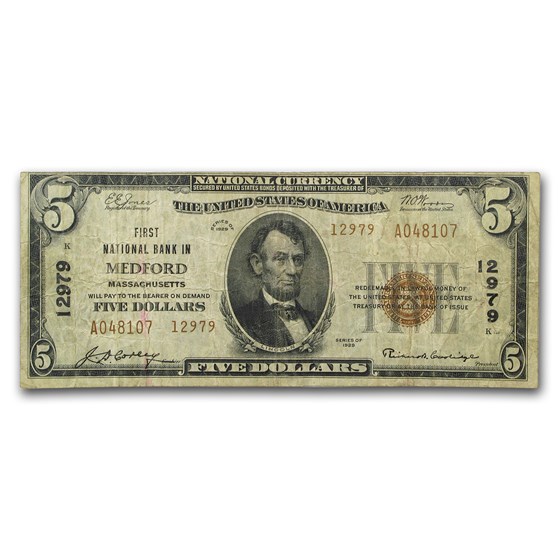 1929 Type 2 $5 Medford, MA Fine (CH#12979) 1929 Type 2 $5 Medford, MA Fine (CH#12979)