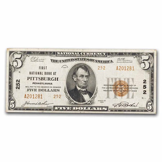 1929 Type 2 $5 Pittsburgh PA VF (Fr#1800-2) CH#252 1929 Type 2 $5 Pittsburgh PA VF (Fr#1800-2) CH#252