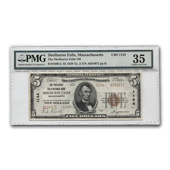1929 Type 2 $5 Shelburne Falls, MA VF-35 PMG (CH#1144) 1929 Type 2 $5 Shelburne Falls, MA VF-35 PMG (CH#1144)