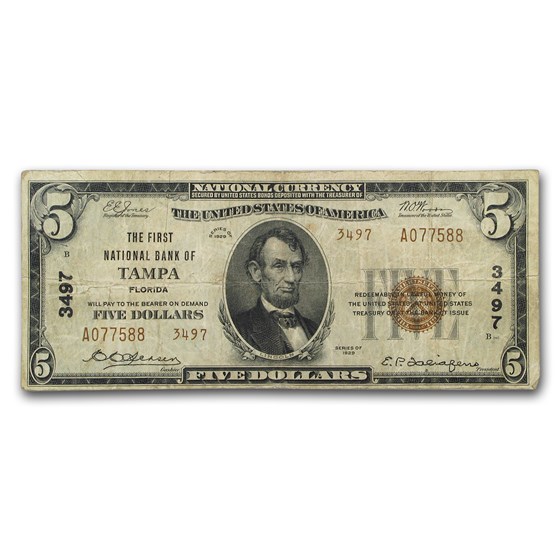 1929 Type 2 $5 Tampa, FL Fine (CH#3497) 1929 Type 2 $5 Tampa, FL Fine (CH#3497)