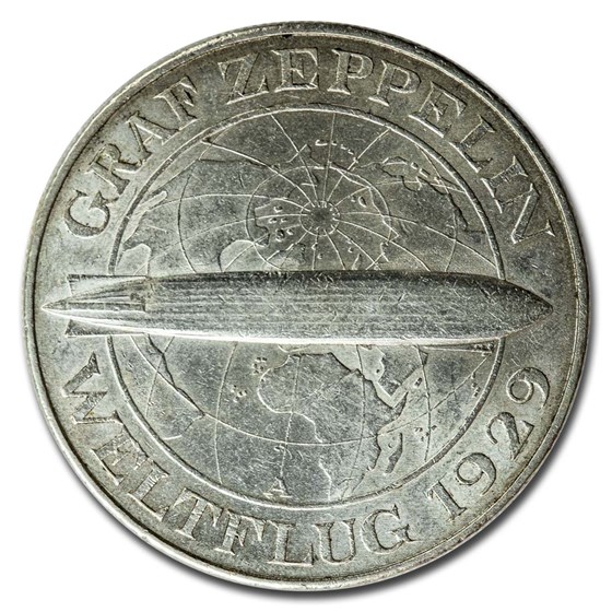 1930 Germany Silver 5 Reichsmarks Graf Zeppelin BU 1930 Germany Silver 5 Reichsmarks Graf Zeppelin BU