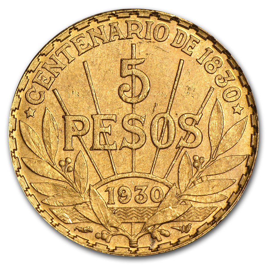 1930 Uruguay Gold 5 Pesos AU-BU