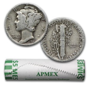 1931 Mercury Dime 50-Coin Roll Avg Circ