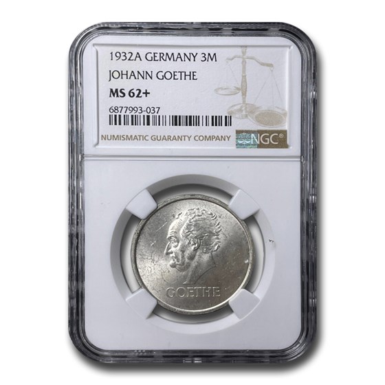 1932-A Germany Silver 3 Mark Goethe MS-62+ NGC 1932-A Germany Silver 3 Mark Goethe MS-62+ NGC