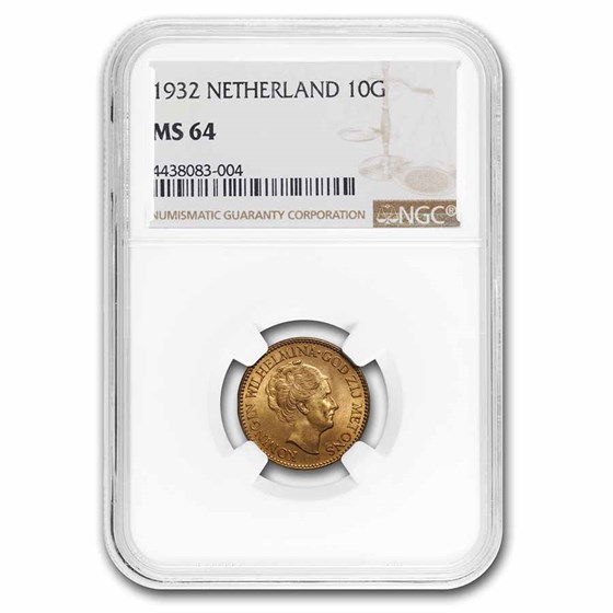 1932 Netherlands Gold 10 Gulden Wilhelmina I MS-64 NGC 1932 Netherlands Gold 10 Gulden Wilhelmina I MS-64 NGC
